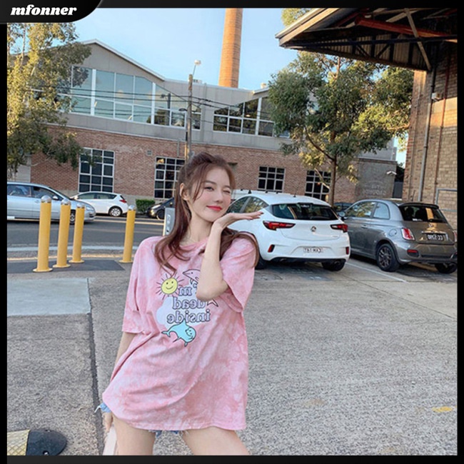 Áo Thun Tay Ngắn Cổ Tròn Nhuộm Màu Họa Tiết Hoạt Hình Thời Trang Mùa Hè Cho Nữ