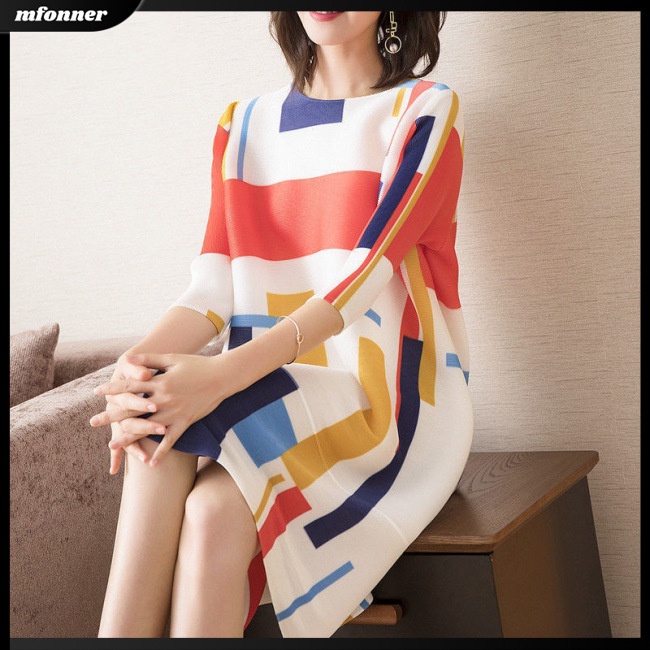 Đầm Midi Cổ Tròn Tay Lỡ Dáng Rộng In Họa Tiết Thời Trang Mùa Hè Xinh Xắn Cho Nữ