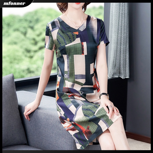 Đầm Midi Ngắn Tay Cổ Chữ V In Họa Tiết Thời Trang Mùa Hè Cho Nữ