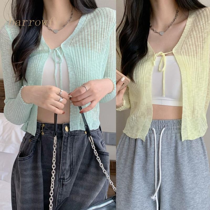 Brroa Áo Khoác Cardigan Dệt Kim Vải Lụa Băng Tay Dài Gọn Nhẹ Thoáng Khí Chống Nắng Màu Trơn Cột Dây Đơn Giản Cho Nữ