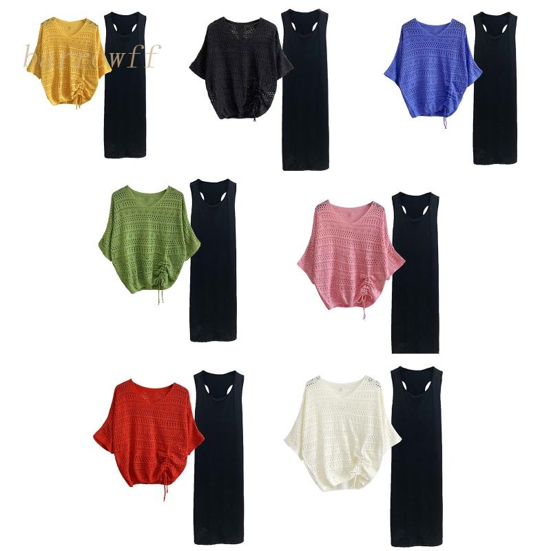 Bộ Áo Sơ Mi Dệt Kim Dáng Dài + Đầm Hai Dây Màu Trơn Thời Trang Mùa Hè Hàn Quốc Cho Nữ