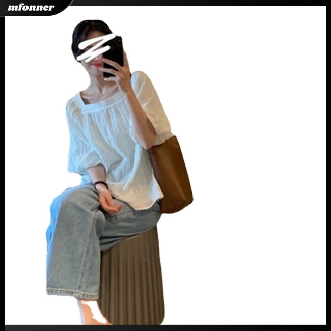 Áo Sơ Mi Tay Ngắn Phồng Cổ Vuông Màu Sắc Trơn Phong Cách Hàn Quốc Dành Cho Nữ