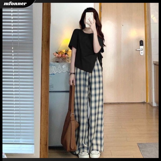 Set Đồ 2 Món Áo Tay Ngắn Cổ Tròn Màu Sắc Trơn Kèm Quần Dài Ống Rộng Cá Tính Cho Nữ