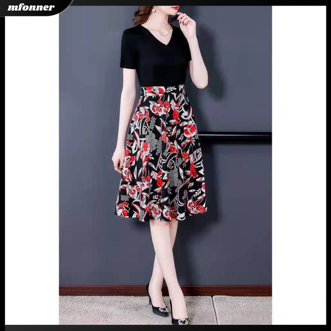 Đầm Midi Giả Hai Mảnh Áo Tay Ngắn Cổ Chữ V In Hoa Phối Chân Váy Chữ A Lưng Cao Thời Trang Mùa Hè Cho Bạn Gái