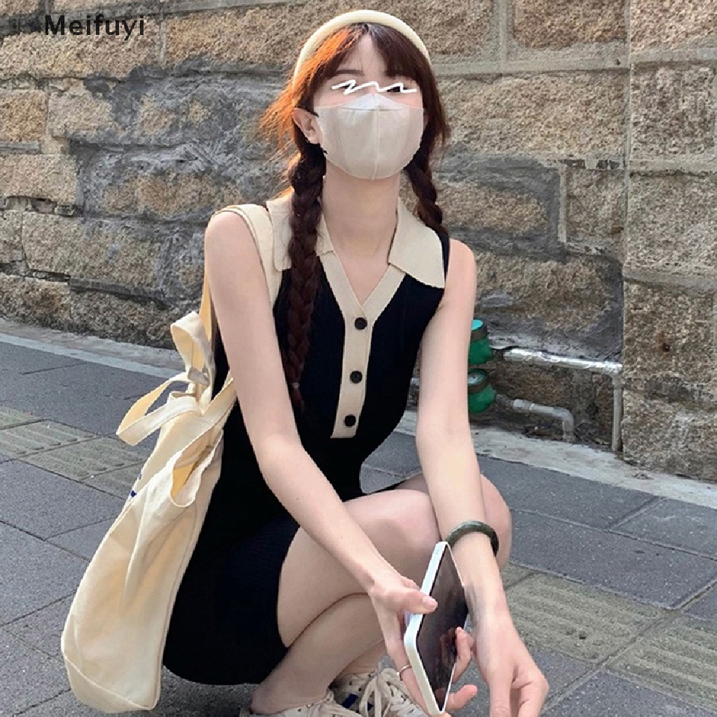 [Meifuyi] Đầm Dệt Kim Mini Cổ Bẻ Ôm Dáng Phong Cách Hàn Quốc Cho Nữ Sinh