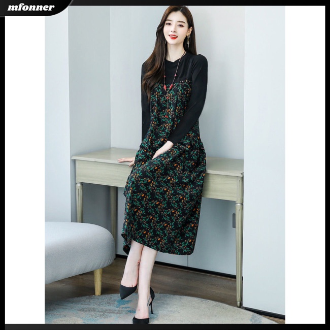 Đầm Giả Hai Lớp Tay Dài Cổ Tròn In Họa Tiết Hoa Dáng Rộng Thời Trang Cho Nữ