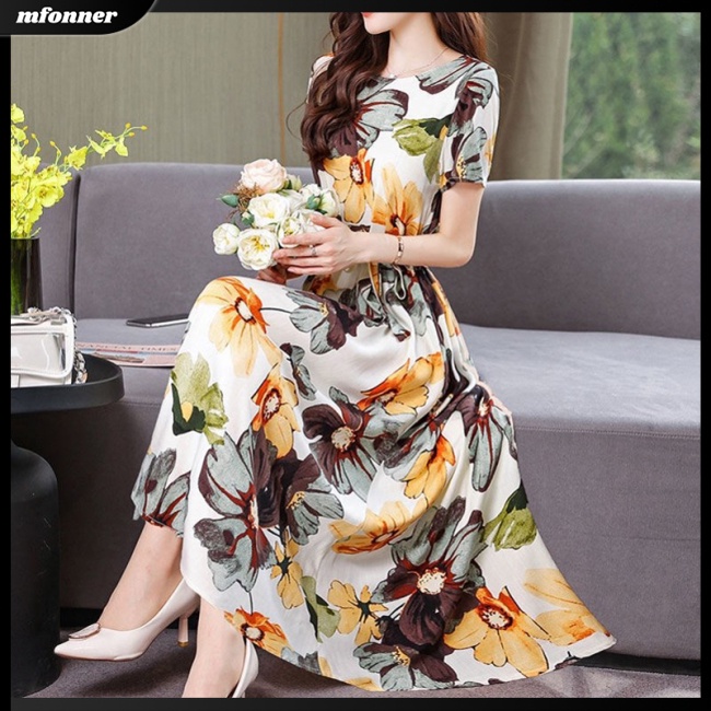 Đầm Dáng Chữ A Tay Ngắn Cổ Tròn Họa Tiết Hoa Nhiều Màu Sắc Thời Trang Cho Nữ