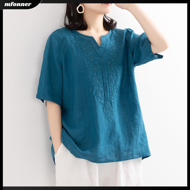 Áo Sơ Mi Cotton Lanh Tay Ngắn Dáng Rộng Thêu Họa Tiết Xinh Xắn Thời Trang Mùa Hè Cho Nữ