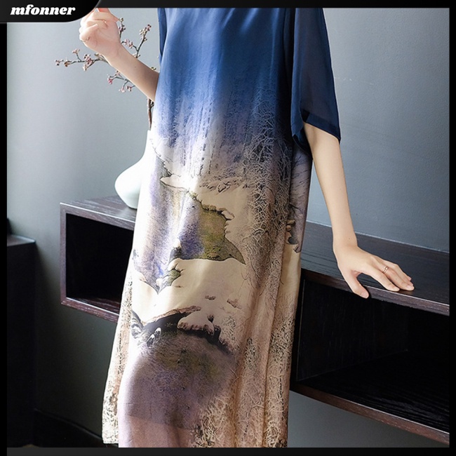 Đầm Lụa Lạnh Mỏng Dáng Rộng Tay Ngắn In Họa Tiết Xinh Xắn Cho Nữ