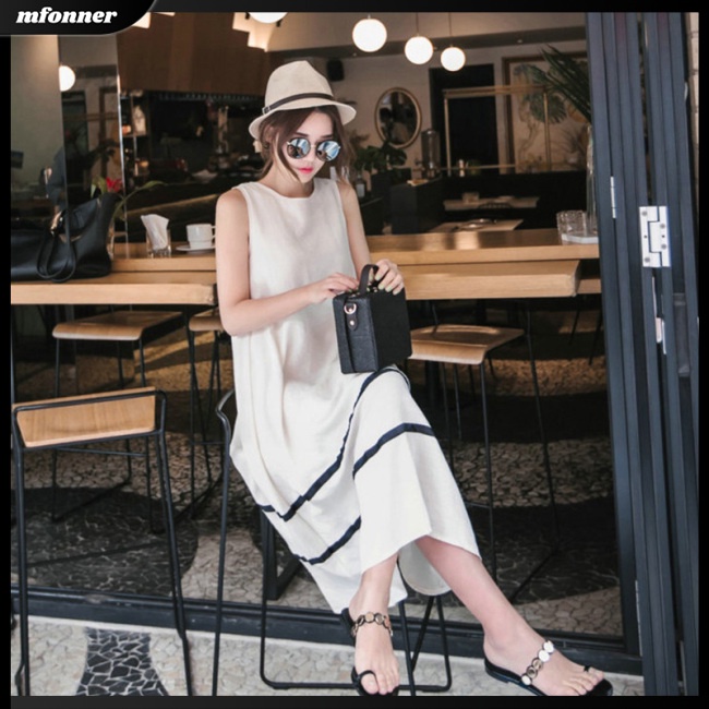 Đầm Sát Nách Dáng Rộng Vải Lụa Sữa In Họa Tiết Kẻ Sọc Cá Tính Cho Nữ