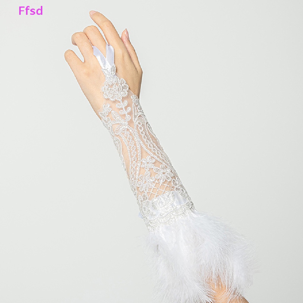{Ffsd} Găng Tay Lưới Hở Ngón Dáng Dài Phối Ren Lông Vũ Phụ Kiện Tiệc Cưới / Halloween Cho Nữ Bán Chạy