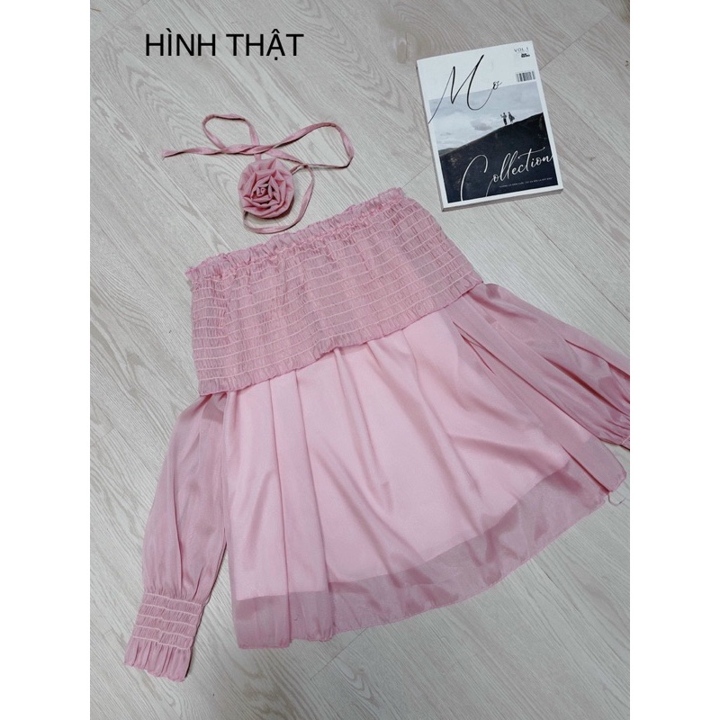 Áo voan tơ dài nhún trễ vai tay dài có tặng kèm chocker hoa như hình alohashop91