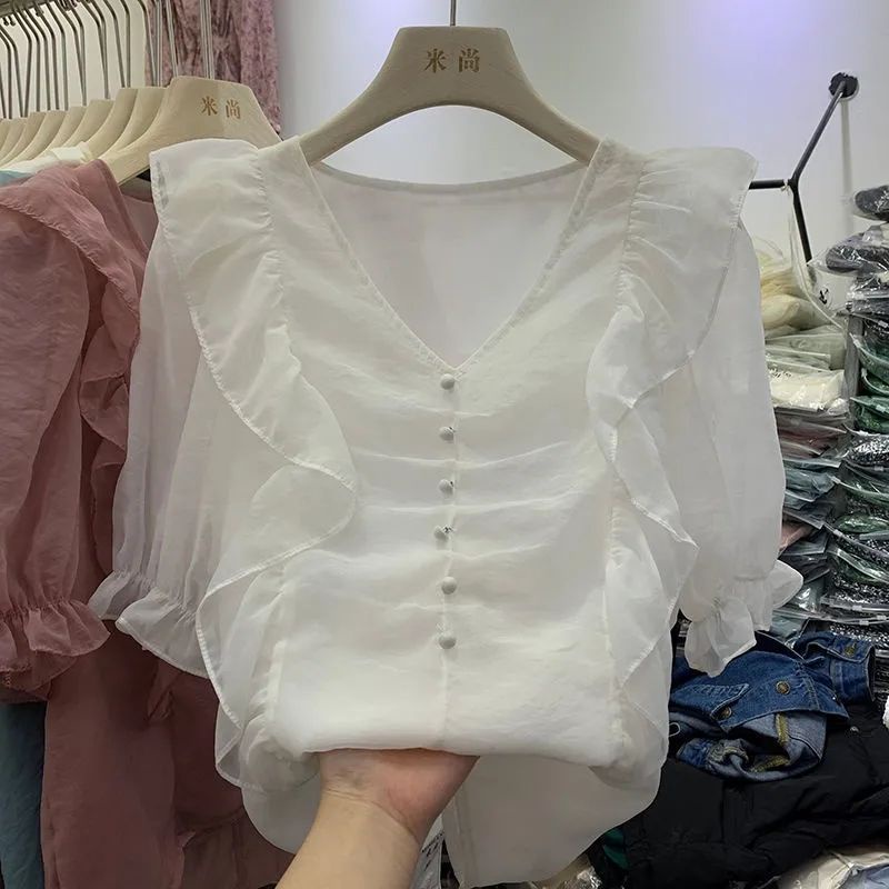 Áo Sơ Mi Chiffon Tay Ngắn Cổ Chữ V Thời Trang Mùa Hè Phong Cách Hàn Quốc Dành Cho
