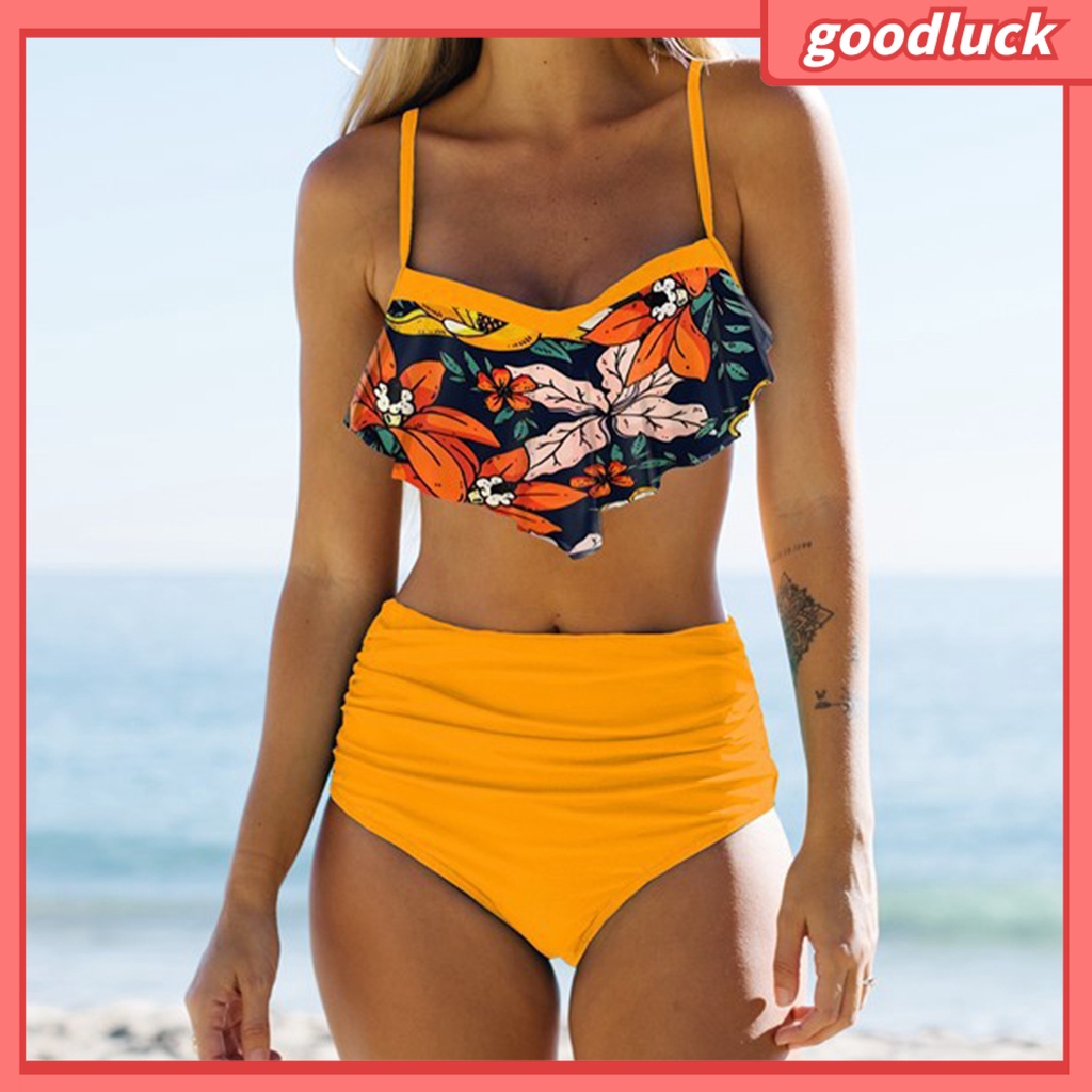 Bộ Đồ Bơi Bikini Hai Dây Lưng Cao In Họa Tiết Lá Cây Quyến Rũ Cho Nữ