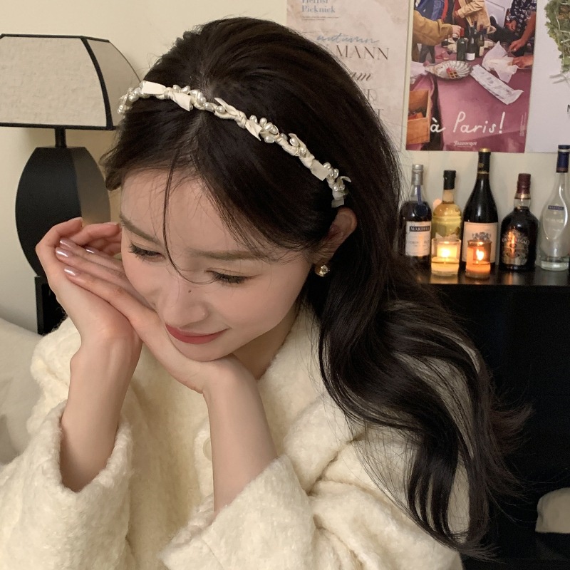 Băng Đô Cài Tóc Hình Nơ Phối Lưới Đính Ngọc Trai Trắng Đen Lãng Mạn Thời Trang Cho Nữ Mã 2023