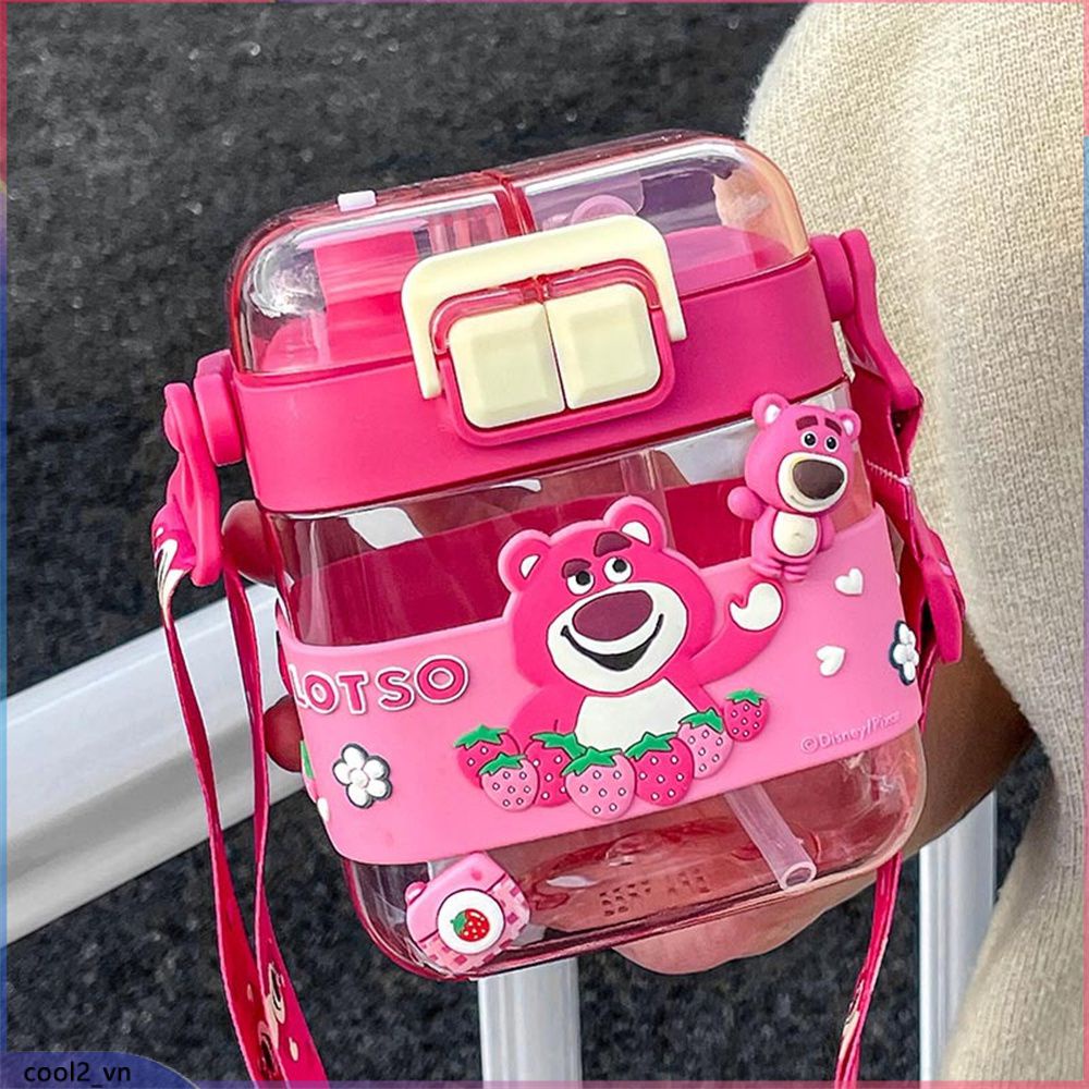 Cốc Nước Vuông Hình Gấu Dâu Disney 600Ml Cốc Uống Nước Đôi Hoạt Hình Dễ Thương Cho Bé Gái Bình Nước Gấu Hồng Có Ống Hút Và Dây Đeo (Cool2.vn)