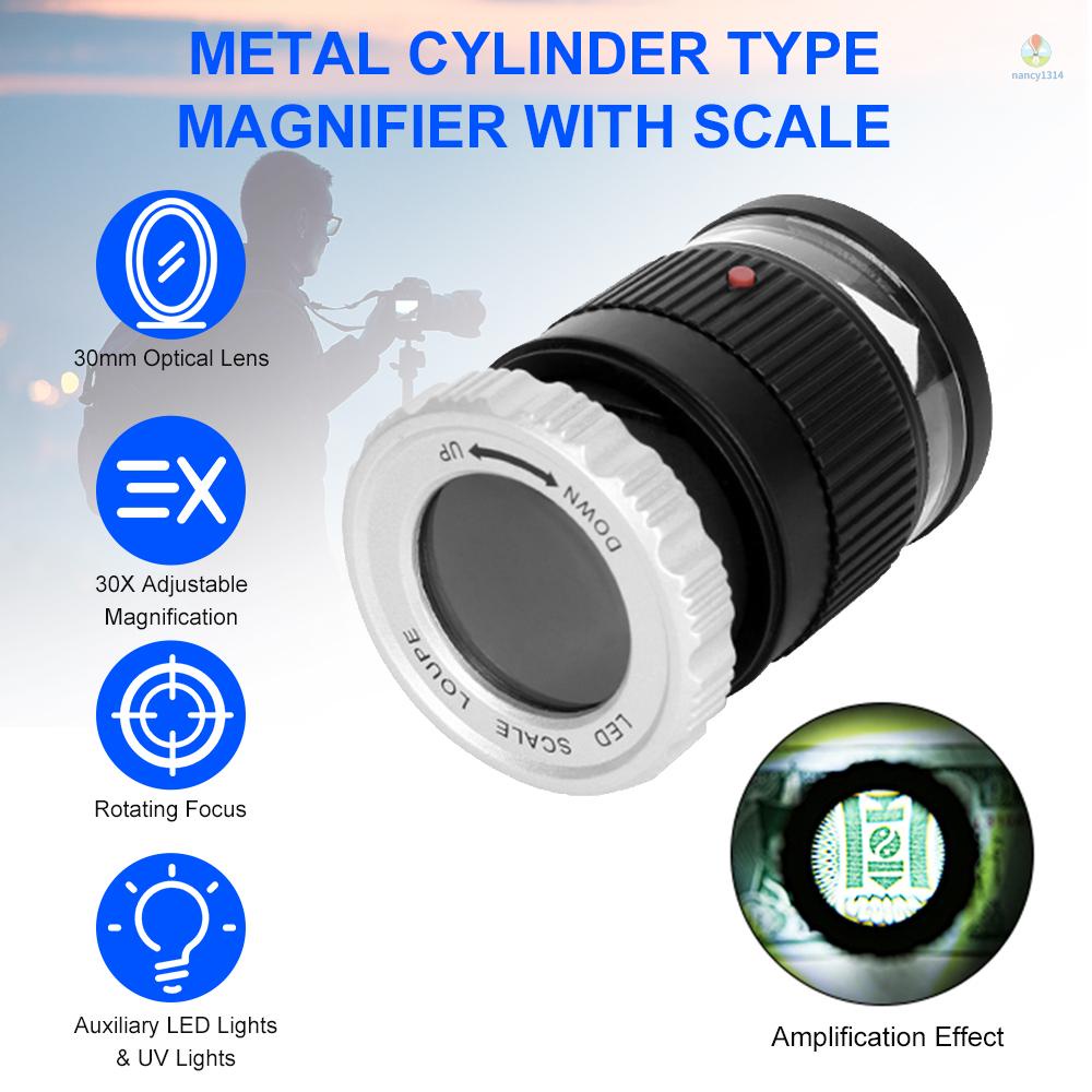 Kính Lúp 30X Bằng Kim Loại Hình Trụ Có Thể Điều Chỉnh Với 3 Đèn LED 3 Tia UV Màu Đen