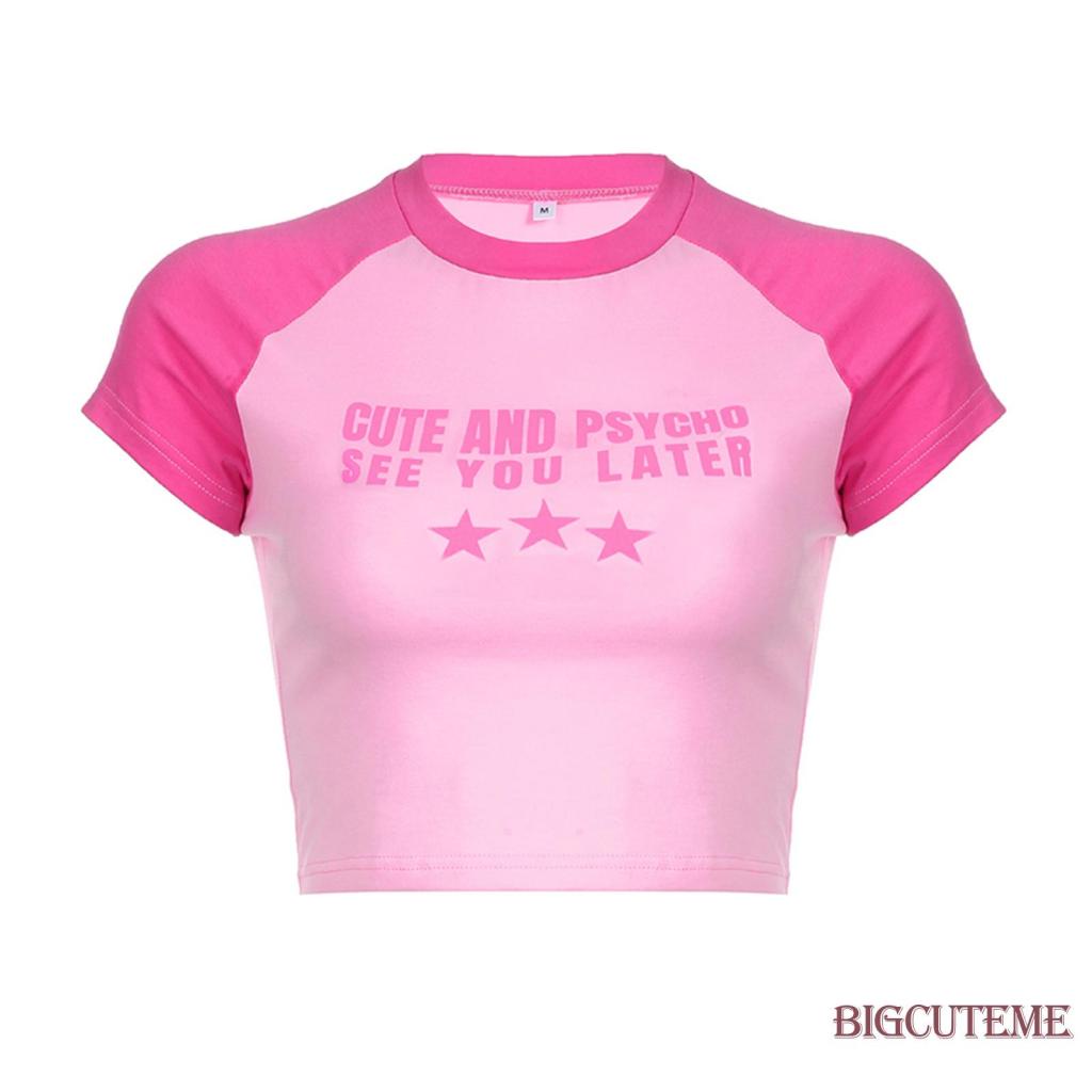 [] Áo Thun Crop Top Tay Ngắn Cổ Tròn In Chữ Và Ngôi Sao Màu Sắc Tương Phản Ôm Dáng Vừa Vặn Cho Nữ