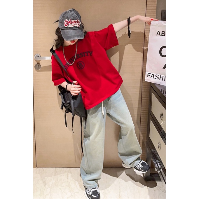 Set Áo Thun Ngắn Tay Và Quần Jeans Ống Rộng Phong Cách Phương Tây Thời Trang Mùa Hè Mới Cho Bé Gái