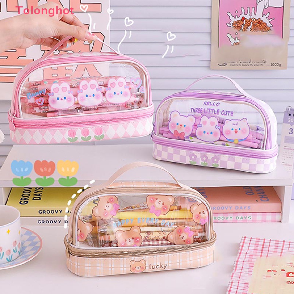 Túi Đựng Bút / Đồ Trang Điểm Cỡ Lớn Trong Suốt Họa Tiết Hoạt Hình Chú Thỏ / Gấu Dễ Thương