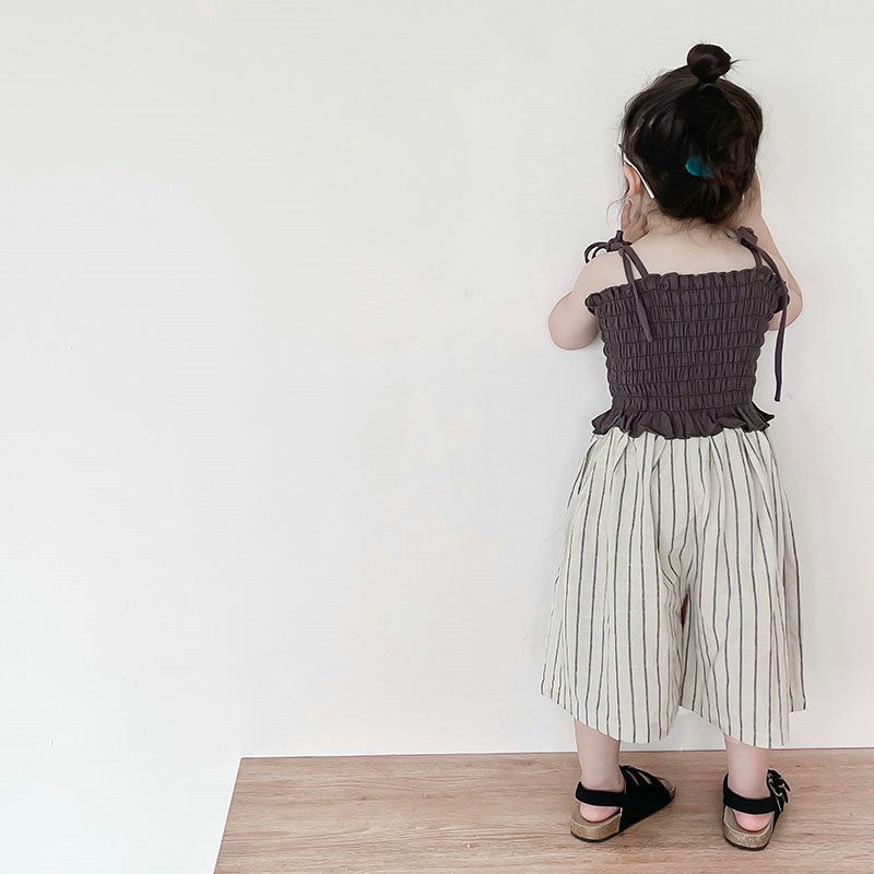 Set Áo Hai Dây + Quần Ống Rộng Họa Tiết Kẻ Sọc Phong Cách Hàn Quốc Thời Trang Mùa Hè Cho Nữ