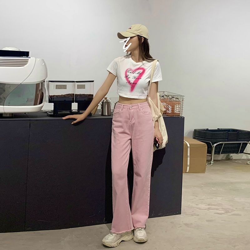 [Ưu Đãi Đặc Biệt Mua Và Tai] Quần Jean Nữ Thẳng Lưng Cao Ống Rộng Màu Hồng Nhìn Raw Mặc Sàn