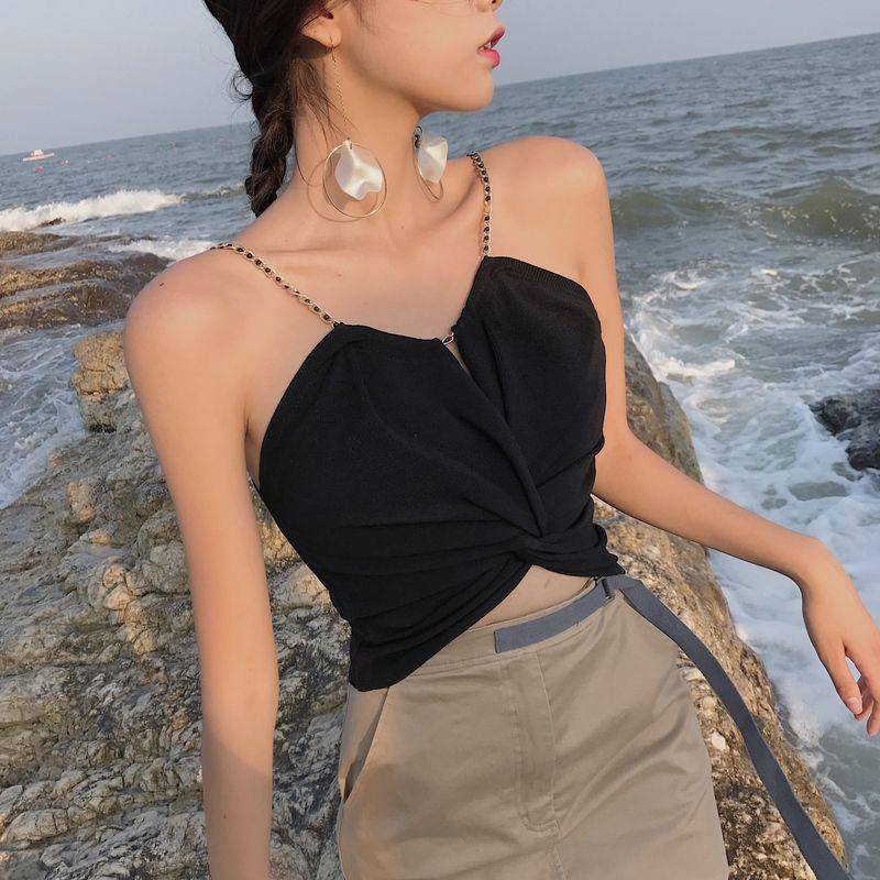 Áo Tank Top Hai Dây Xích Dáng Ngắn Lưng Cao Xếp Ly Quyến Rũ Sang Trọng Cho Nữ