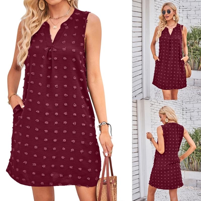 Đầm Ngắn Không Tay Cổ Chữ V Họa Tiết Chấm Bi Có Túi Thời Trang Mùa Hè Cho Nữ