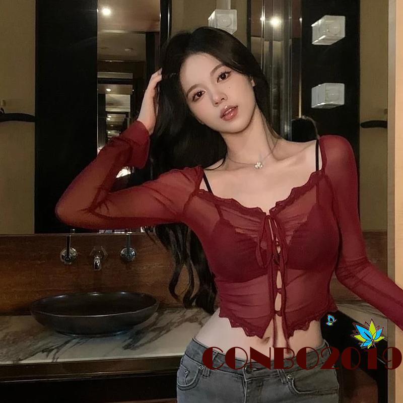 Áo Thun Crop Top Tay Dài Phối Ren Lưới Cổ Thấp Thời Trang Xuân Hè Cho Nữ