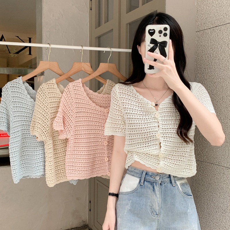 SUXI Áo Dệt Kim Mỏng Tay Ngắn Màu Trơn Thời Trang Xuân Hè Dành Cho Nữ