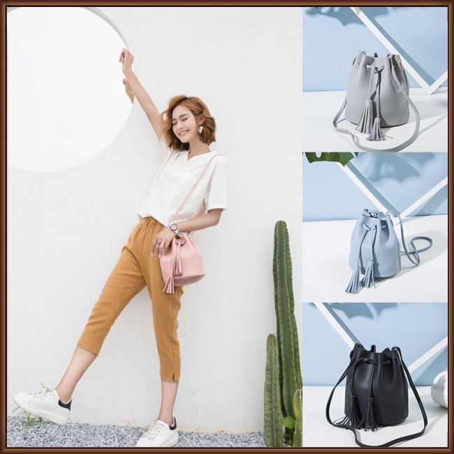Túi Đeo Vai Rút Dây Màu Trơn Phối Tua Rua Thời Trang Cho Nữ