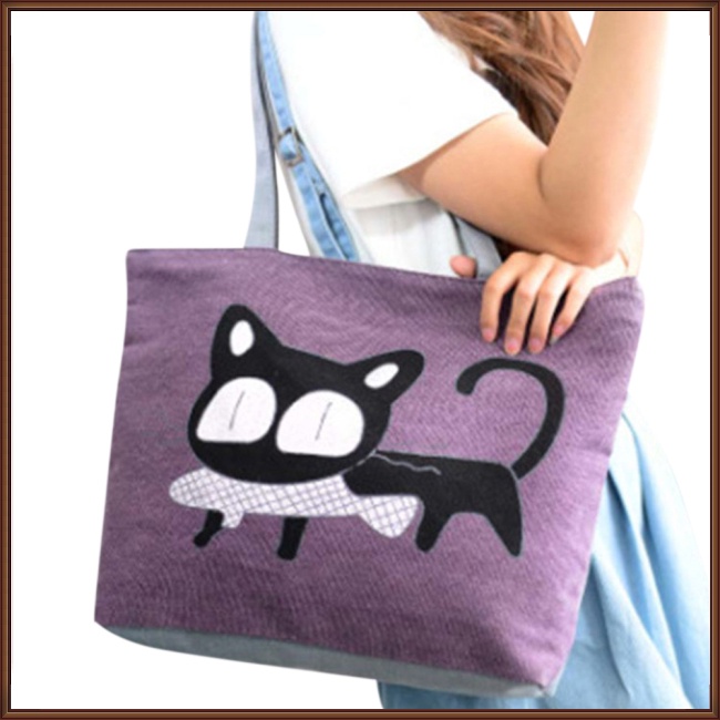 Túi Xách Đeo Vai Bằng Vải Bạt Hình Mèo Dễ Thương Cho Nữ
