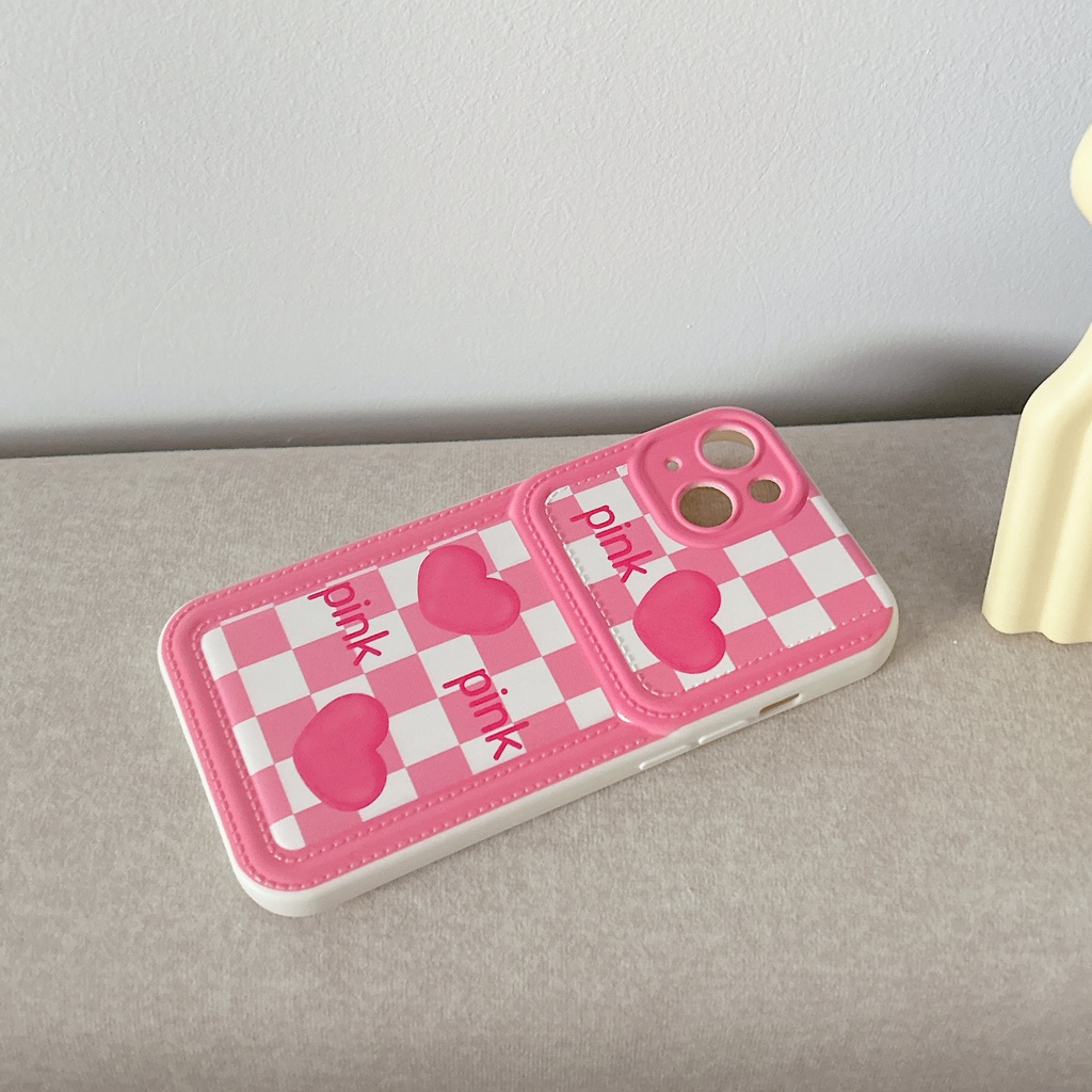 Ốp Điện Thoại Da Viền Silicon Dẻo Màu Hồng Họa Tiết Trái Tim Dễ Thương Chống Sốc Cho iPhone11 12 13 14 Pro Max