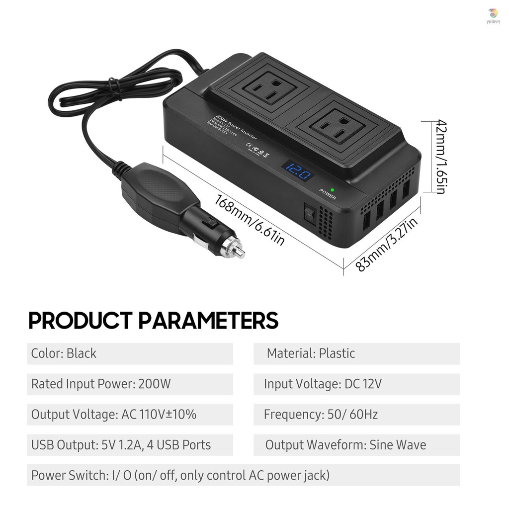 Bộ Chuyển Đổi Nguồn Điện 200W DC 12V Sang AC 110V Với 2 Ổ Cắm AC 4 Cổng USB Có Màn Hình Kỹ Thuật Số Dành Cho Xe Hơi / Laptop