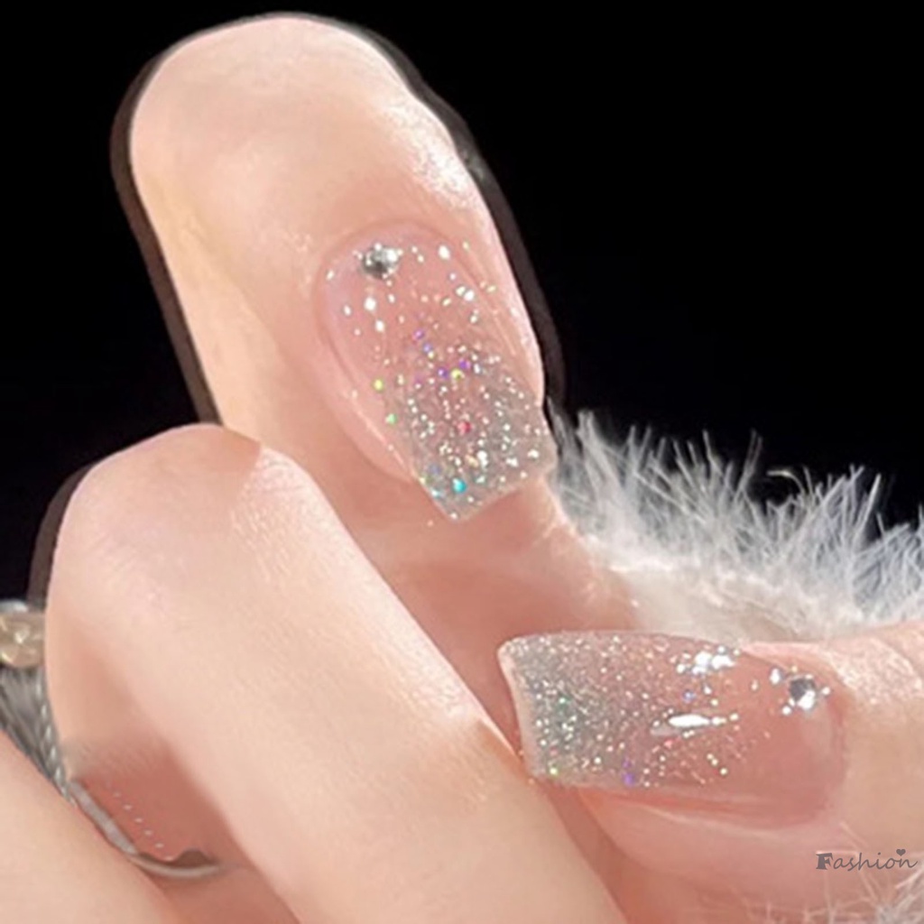 Móng Tay Giả Màu Hồng Nude Lấp Lánh Có Thể Tái Sử Dụng