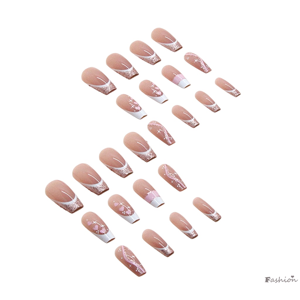 Móng Tay Giả Dài Màu Hồng Đính Kim Sa Viền Trắng Che Phủ Toàn Diện Có Thể Tái Sử Dụng