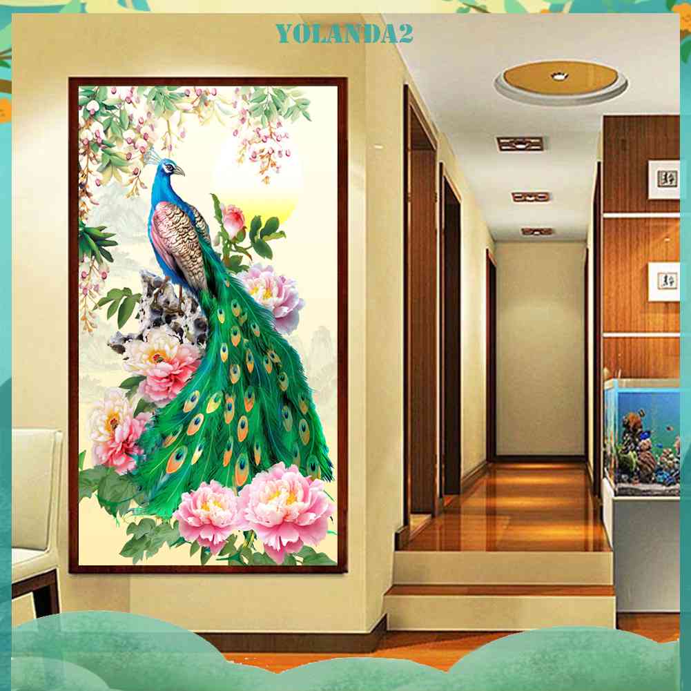 Tranh Thêu Chữ Thập Đính Đá Kim Cương DIY Hình Vẽ Hoa Chim Công