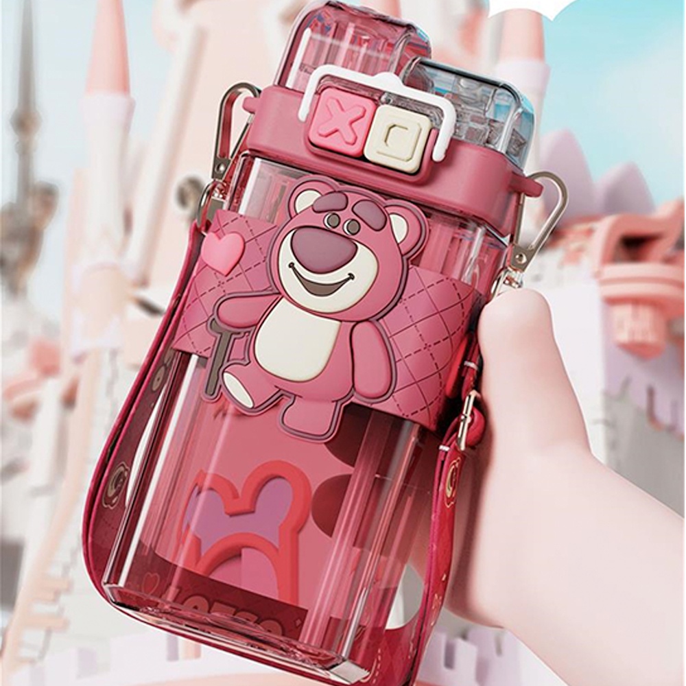 Bình Nước Nhựa Uống Đôi Gấu Dâu Tây Kawaii Losto 520Ml Cốc Có Ống Hút Cho Trẻ Em Bình Nước Anime Kuromi Quà Tặng Sinh Nhật Hoạt Hình Dễ Thương