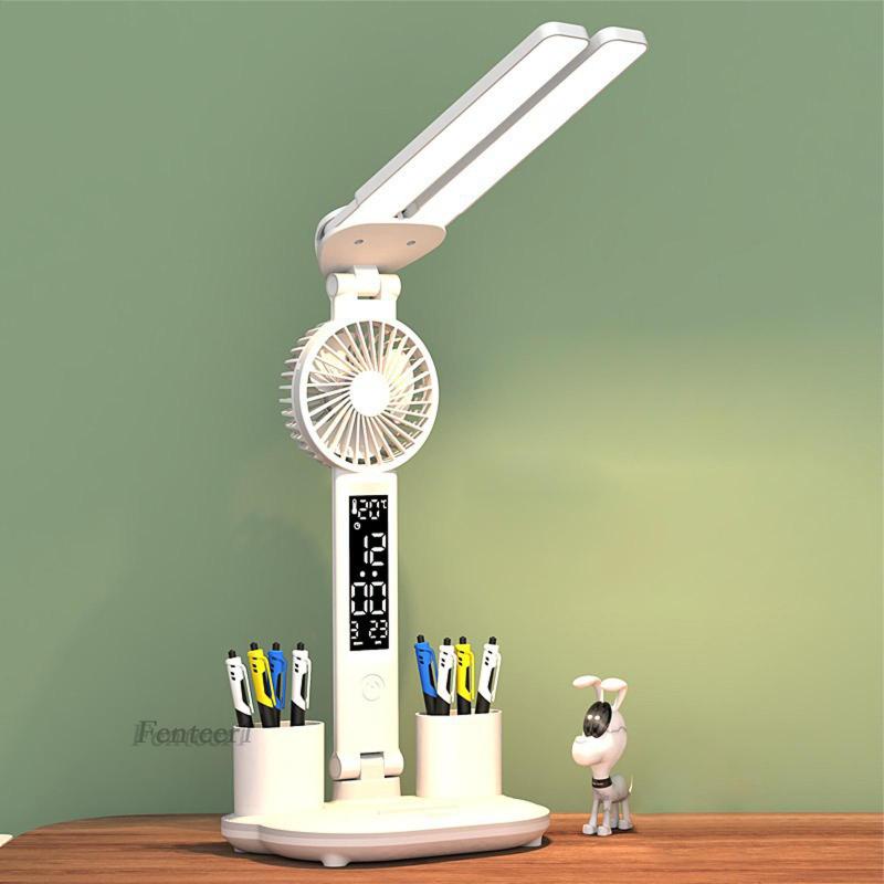 [Fenteer1] Đèn Bàn Kèm Giá Đỡ Bút Chì Và Quạt Hai Đầu USB Đèn LED Để Bàn Văn Phòng