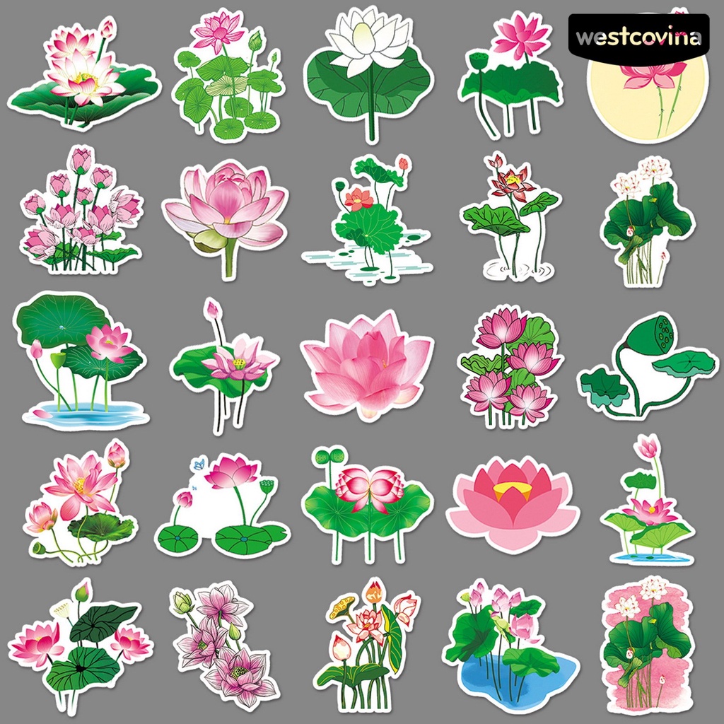 [COD]♪Bộ 50 Miếng Dán Trang Trí Sổ Tay / Điện Thoại / Laptop Hình Hoa Sen Xinh Xắn