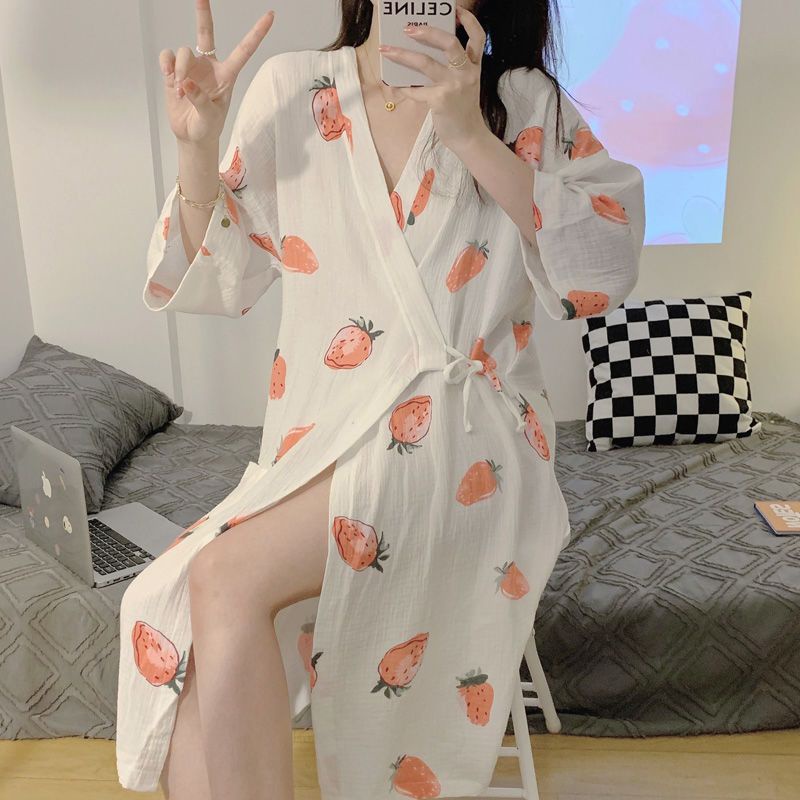 Đầm Ngủ Cotton Tay Ngắn Phong Cách Kimono Nhật Bản Dễ Thương Thời Trang Mùa Hè 2023