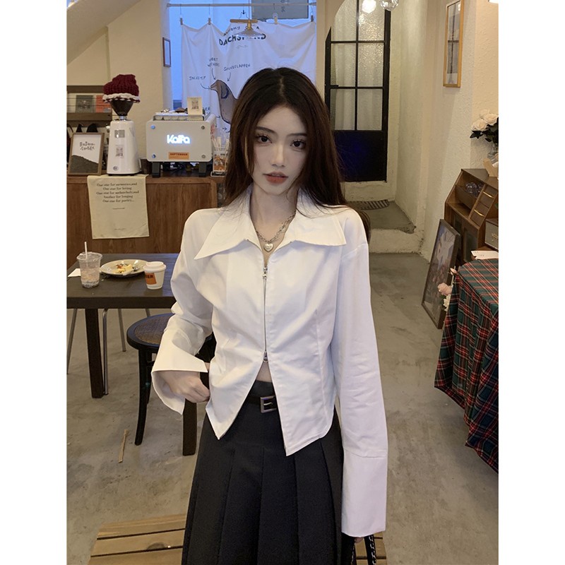 Áo sơ mi trắng trơn kiểu nữ dáng dài chiết eo đi chơi đi biển mùa hè nữ thời trang nữ phong cách hàn quốc
