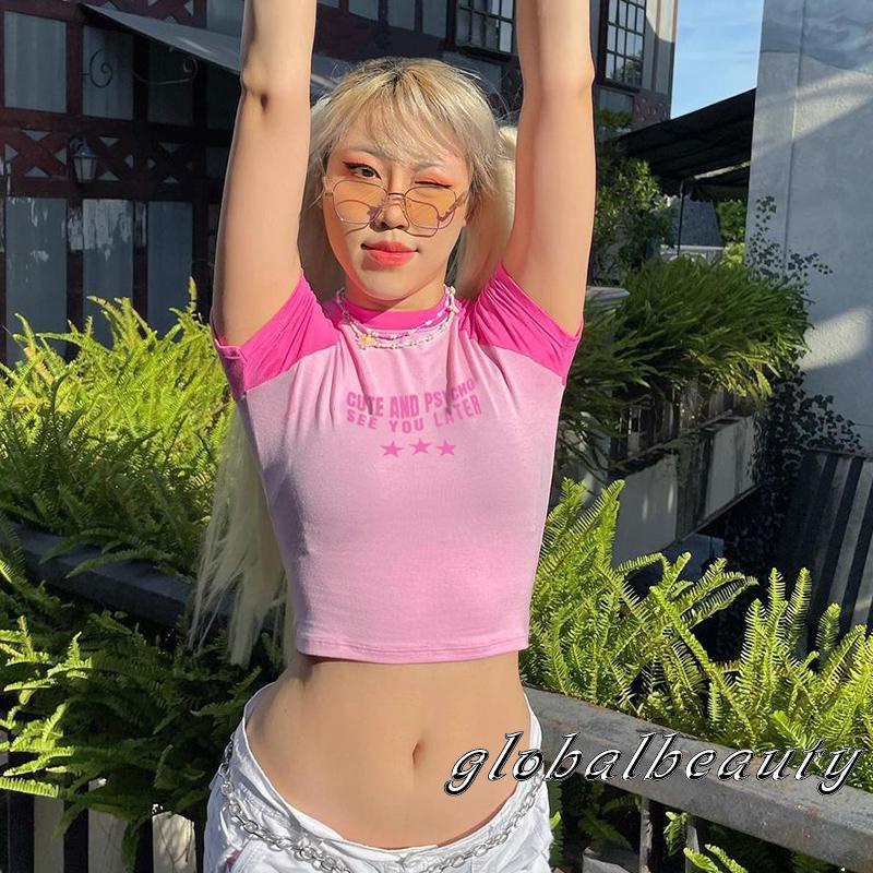 Áo Thun Croptop Tay Ngắn Màu Sắc Tương Phản In Chữ Thời Trang Mùa Hè Dành Cho Nữ
