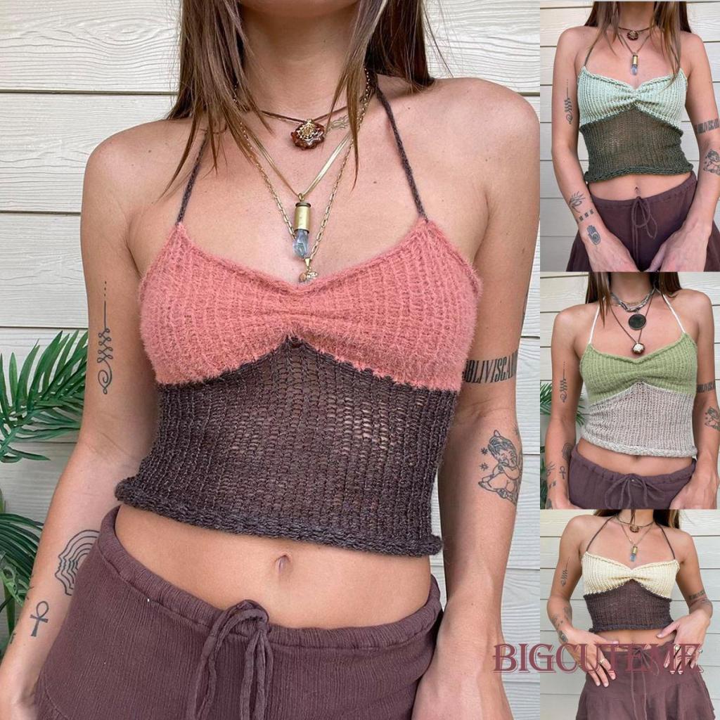 [] - Áo Croptop Dệt Kim Không Tay Ôm Dáng Vừa Vặn Màu Sắc Tương Phản Cho Nữ