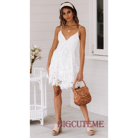 [] - Đầm Hai Dây Cổ Chữ V Màu Trắng Trơn Mini Thời Trang Mùa Hè Cho Nữ