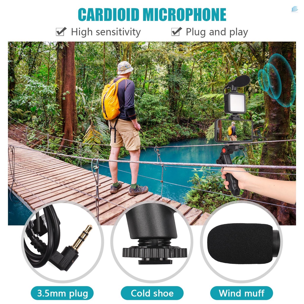 Bộ Đèn LED Mini + Mic Cardioid + Kẹp Điện Thoại + Tripod Có Thể Điều Chỉnh Độ Sáng Cho Live Stream Vlog Video Vide