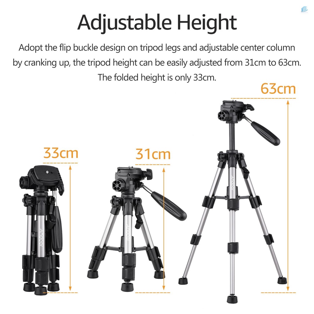 Gậy Ba Chân Mini Di Động Andoer Di Động Với Đầu Nghiêng 3 Chiều Kèm Vít 1 / 4 Inch Cho Máy Ảnh DSLR ILDC Phụ Kiện Tăng Chiều Cao 24.8 Inch Max. 24.8 Inch Max Dụng Cụ Vệ Sinh Chuyên Dụng Chất Lượng Cao