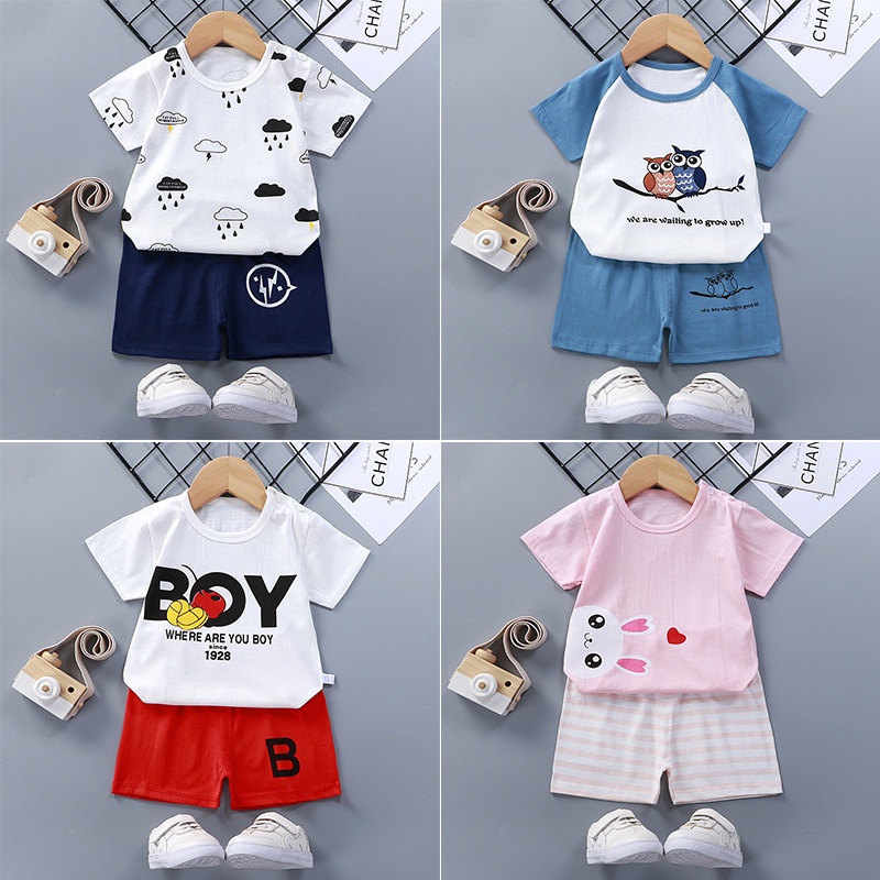 [Joy] Quần short nửa tay Cotton nguyên chất dành cho trẻ em Bộ đồ áo thun bé trai Bộ đồ mùa hè cho bé gái Quần áo mùa hè bé gái Quần áo trẻ em mùa hè Bộ đồ hai mảnh