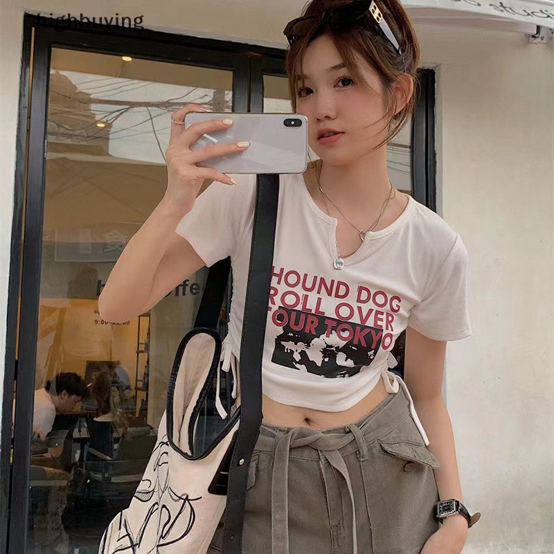 Áo Thun Lửng Ngắn Tay Cổ Chữ V In Chữ Phong Cách Retro Cho Nữ