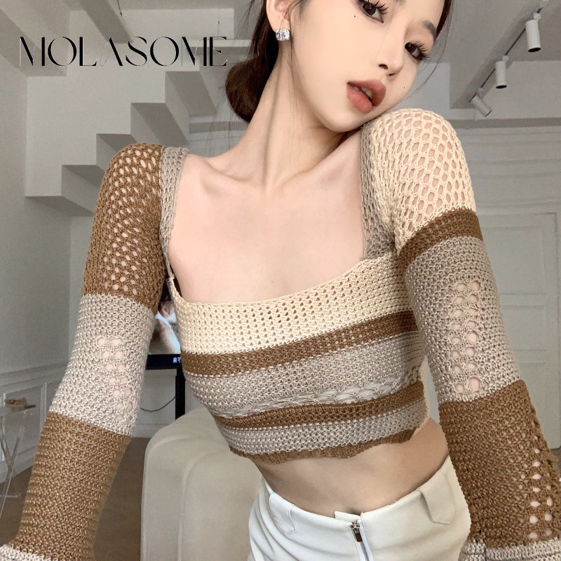 Áo Thun Tay Dài Cổ Vuông Ôm Dáng Màu Sắc Tương Phản Phong Cách Hàn Quốc Thời Trang Cho Nữ 2023